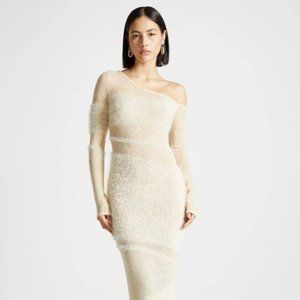 Maniere De Voir OFF SHOULDER KNITTED MAXI DRESS - BEIGE